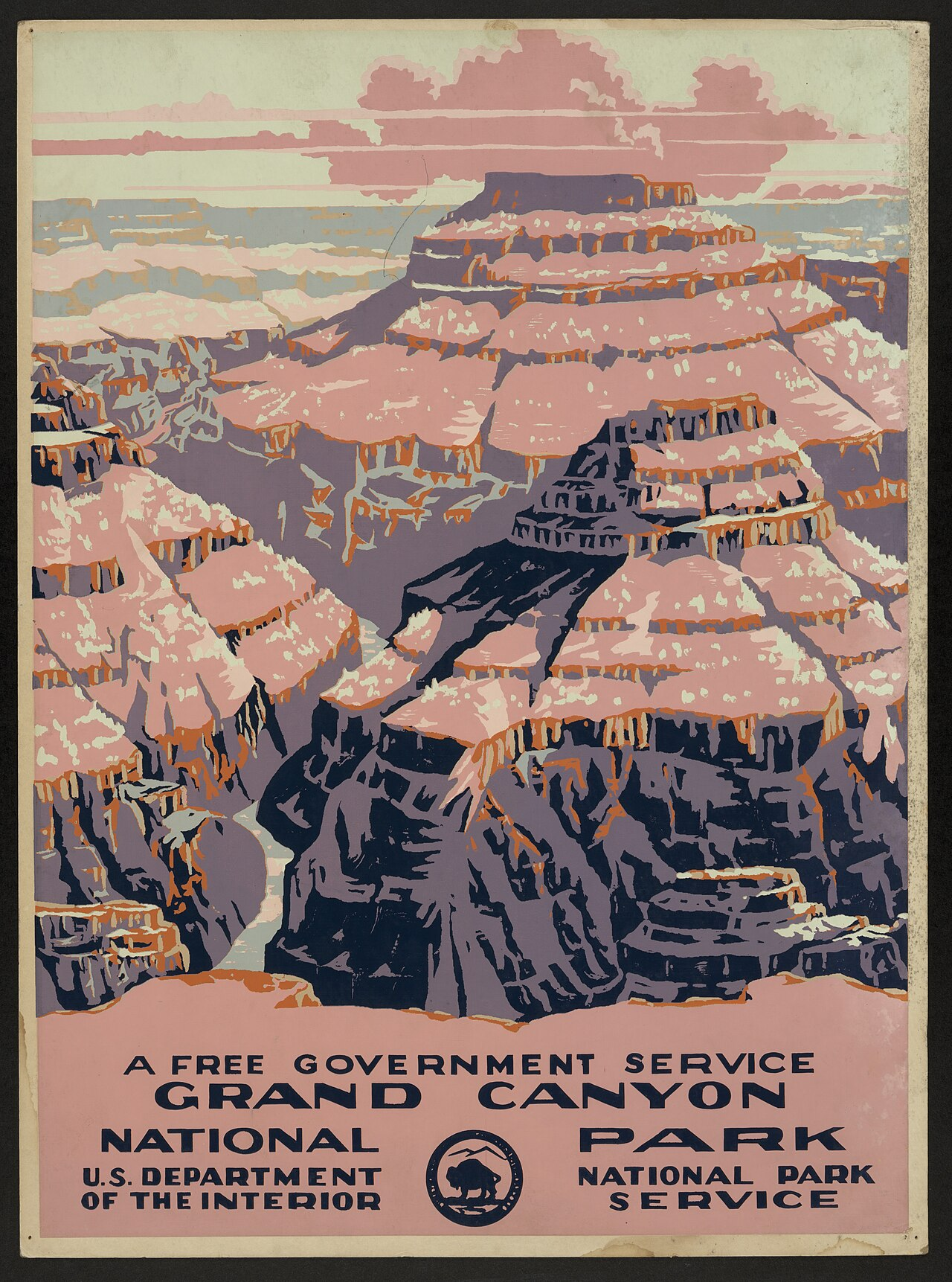 Pastel WPA Landscape Poster with Block-Printed Canyon Forms