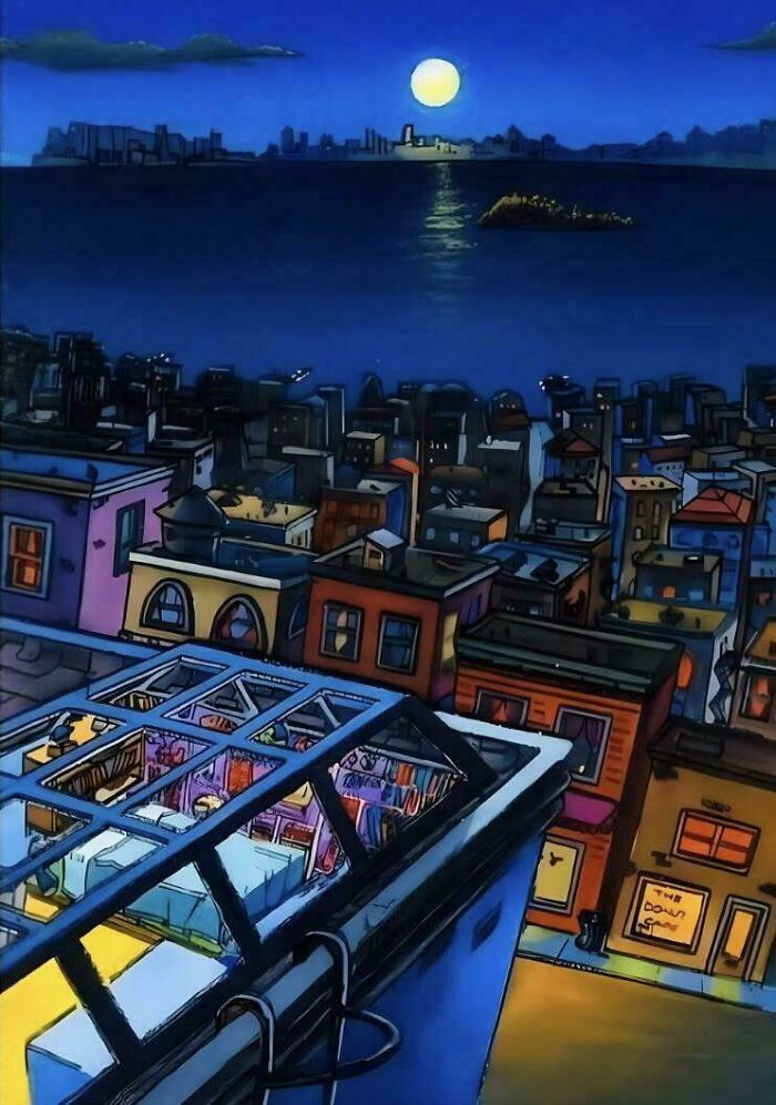 Moonlit Rooftops Over Blue Harbor